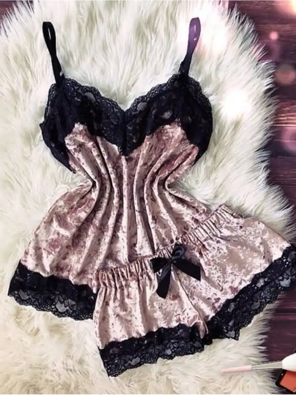 Black Lace Trim Blush Velvet Cami & Short Sleep Set